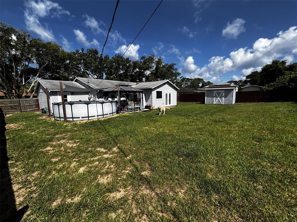 A backyard features a swimming pool, a gazebo, a storage shed, and a dog — 2737 FERN PALM DRIVE, EDGEWATER, FL