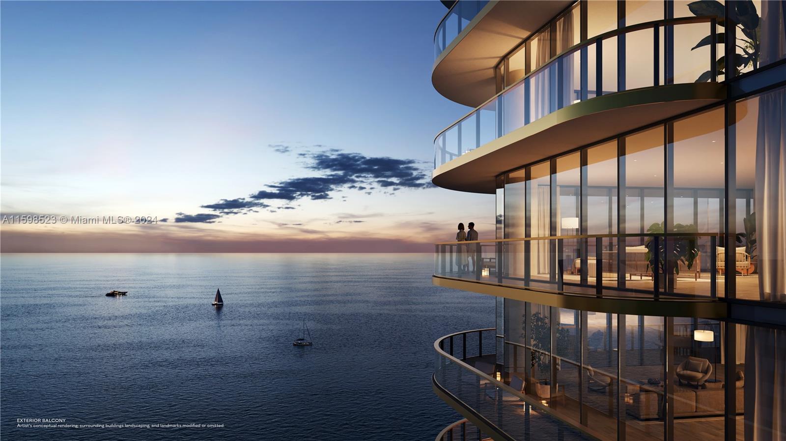 This architectural rendering shows a high-rise building with curved balconies overlooking the ocean at sunset — 1350 S Ocean # 604, Pompano Beach FL 33062, POMPANO BEACH, FL