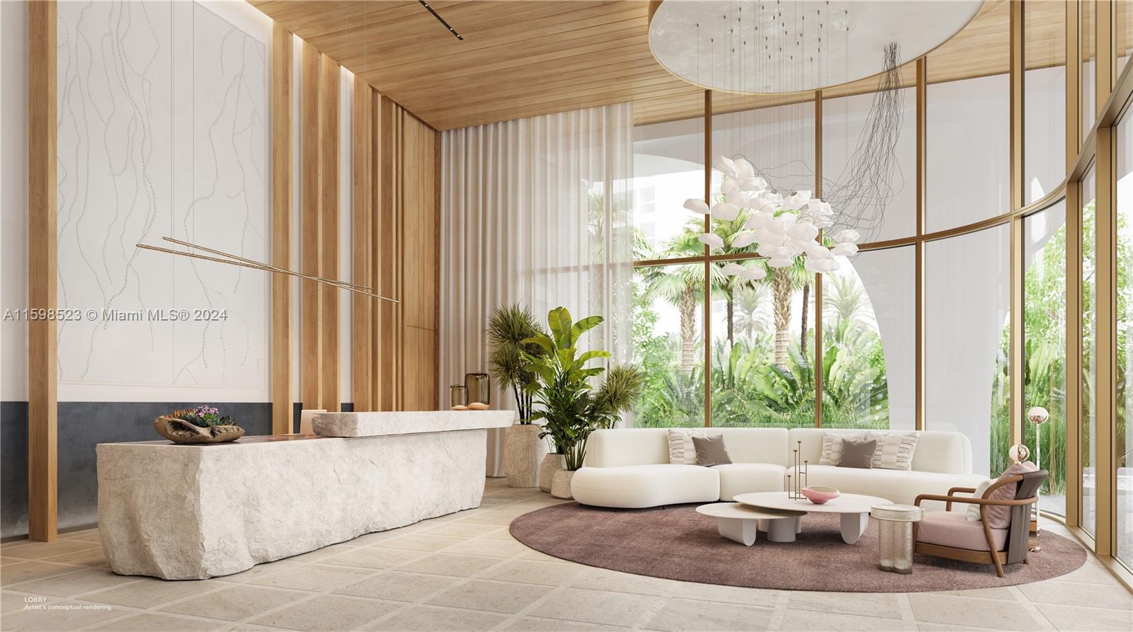 This rendering shows a modern lobby with a stone reception desk, curved sofa, and floor-to-ceiling windows — 1350 S Ocean # 604, Pompano Beach FL 33062, POMPANO BEACH, FL