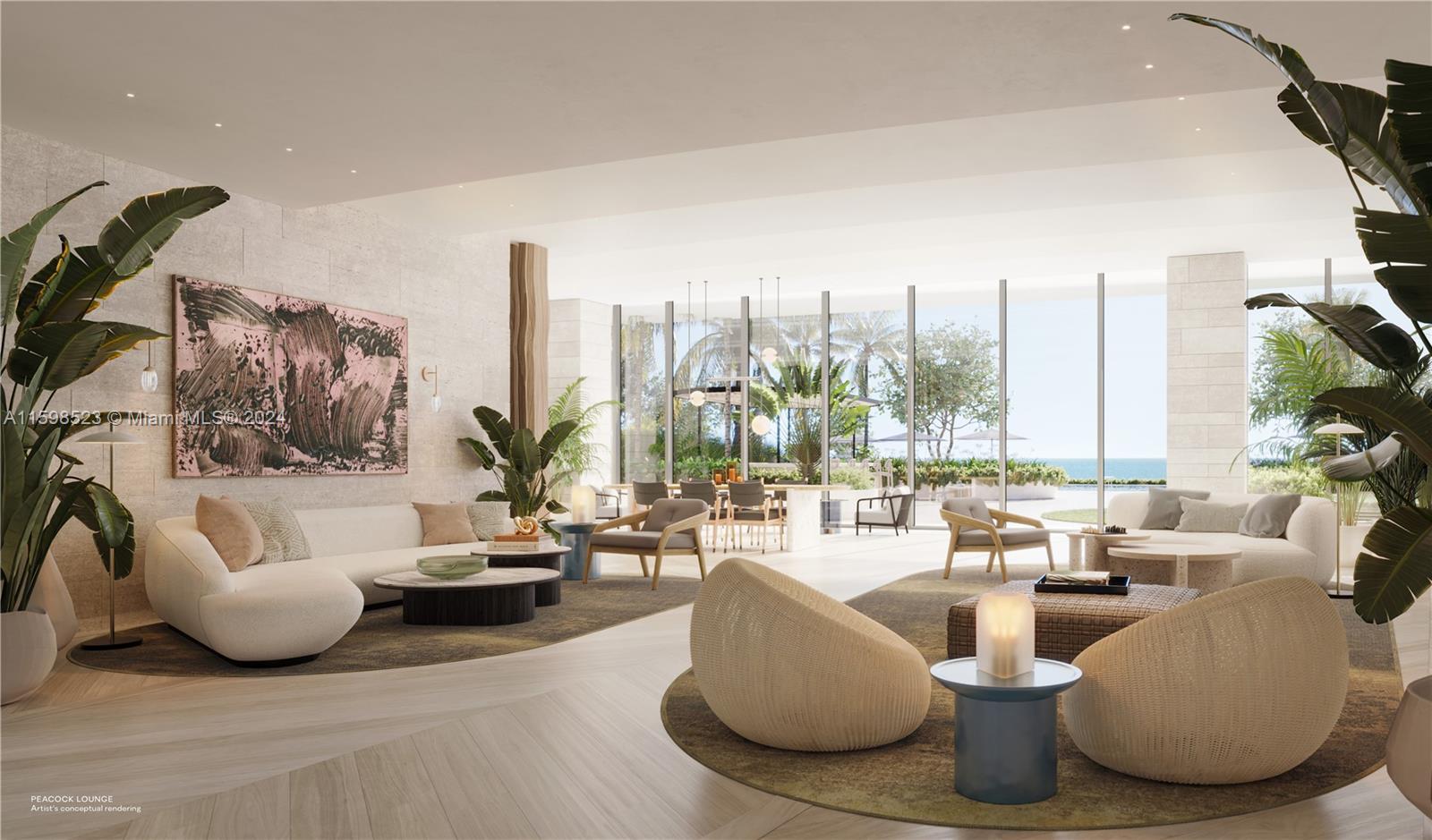 This rendering shows a modern, open-concept lounge with floor-to-ceiling windows overlooking the ocean — 1350 S Ocean # 604, Pompano Beach FL 33062, POMPANO BEACH, FL