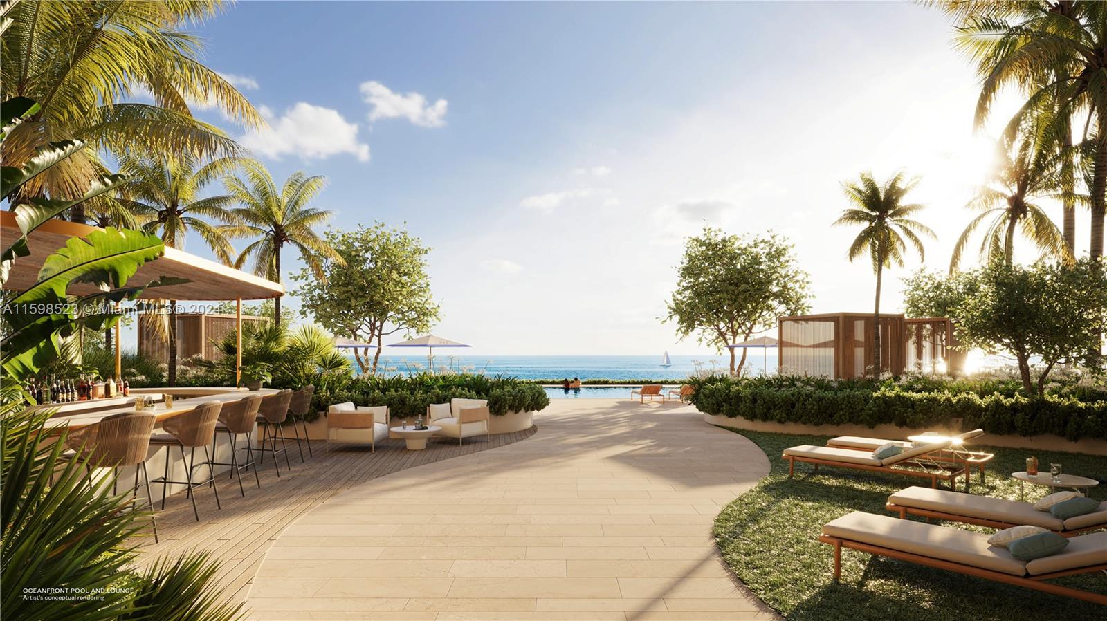This rendering shows an outdoor oceanfront pool area with a bar, lounge seating, and sunbeds — 1350 S Ocean # 604, Pompano Beach FL 33062, POMPANO BEACH, FL