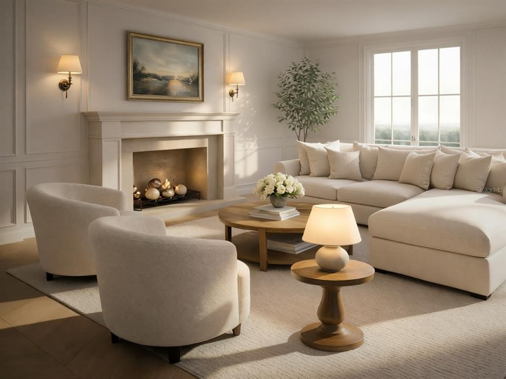 This is a rendering of a living room featuring a fireplace, sectional sofa, and chairs — 149 W WILBUR AVENUE UNIT 201, LAKE MARY, FL