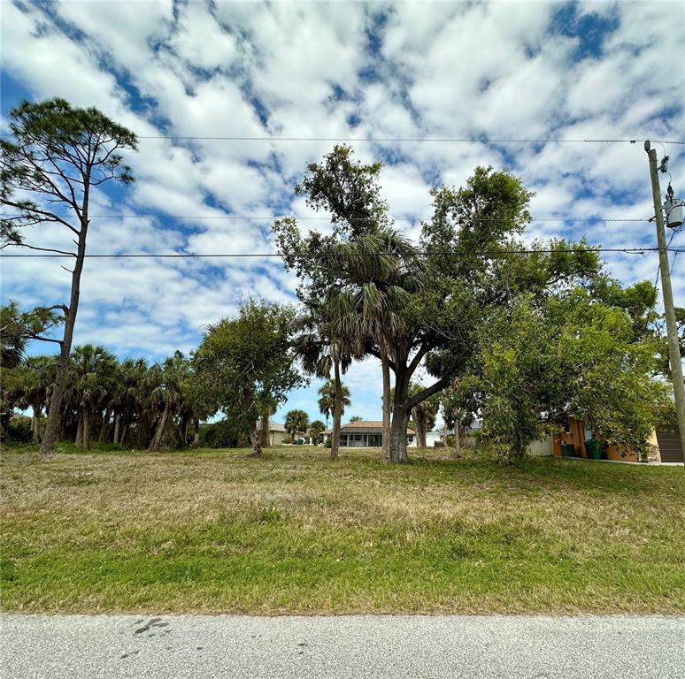 A grassy, tree-filled vacant lot sits in front of a house under a cloudy sky — 45 LONG MEADOW LANE, ROTONDA WEST, FL
