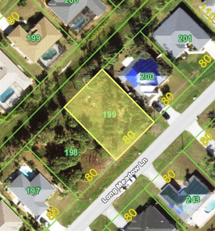 This is an aerial map showing a vacant residential lot highlighted in yellow — 45 LONG MEADOW LANE, ROTONDA WEST, FL