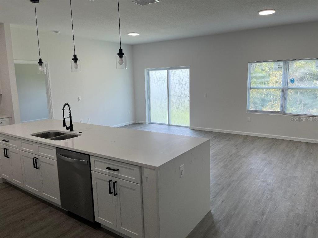 A kitchen island with a stainless steel dishwasher faces an open living area with sliding doors — 611 AMAZON PLACE, KISSIMMEE, FL