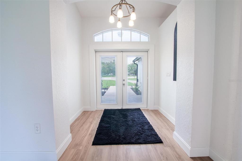 An entryway features double glass doors, a black rug, light wood flooring, and a chandelier — 3442 NE APPALOOSA STREET, ARCADIA, FL