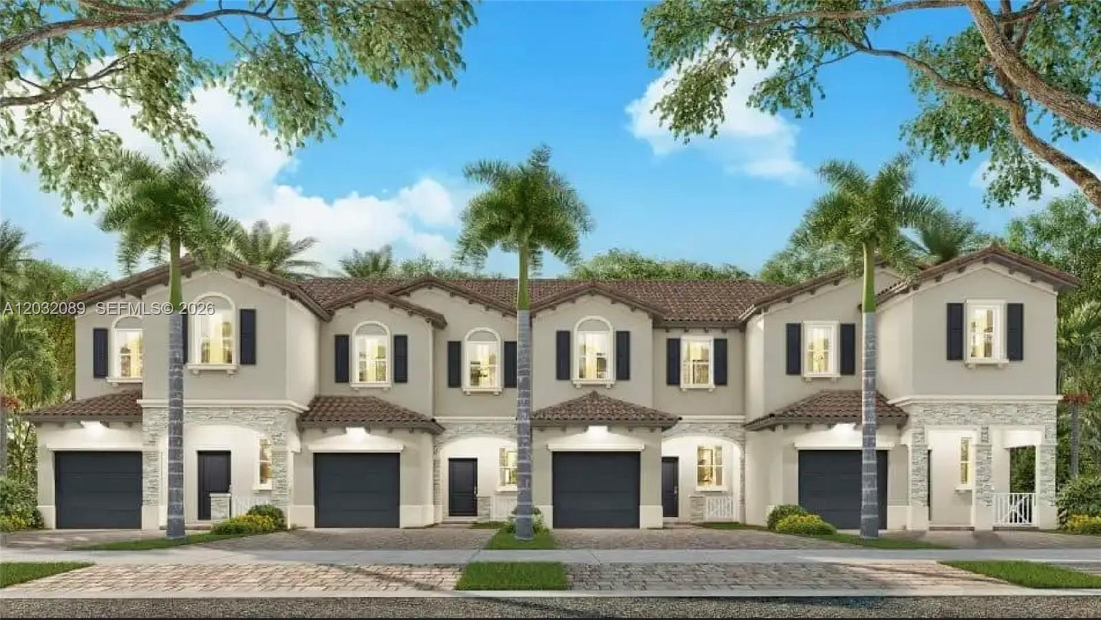 This is a rendering of a multi-unit townhouse complex with garages and palm trees — 12688 NW 23rd Pl, Miami FL 33167, MIAMI, FL