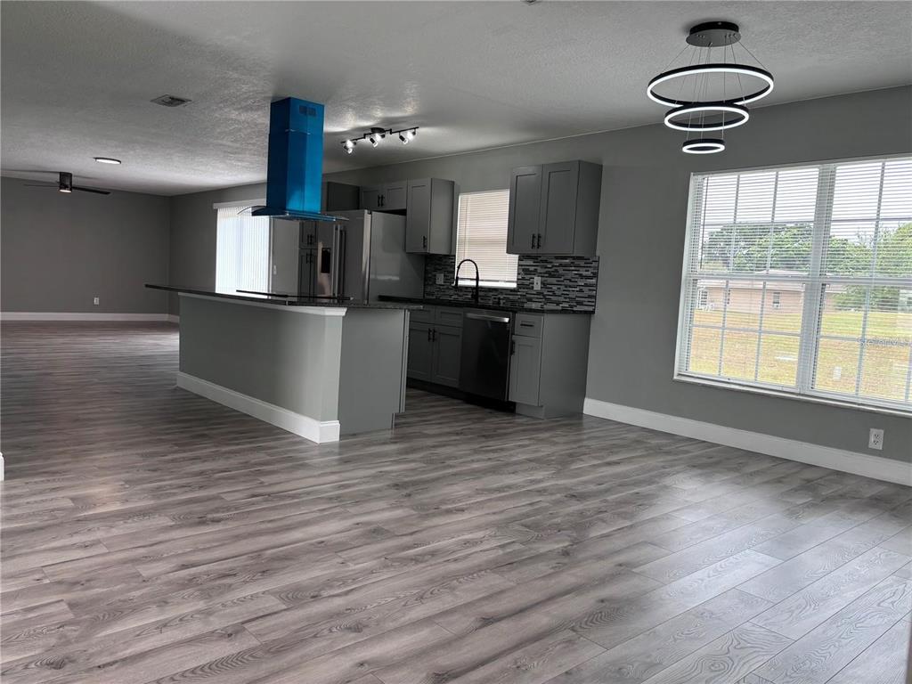 A kitchen with gray cabinets, a blue range hood, and wood-look flooring — 134 PANSY COURT, KISSIMMEE, FL