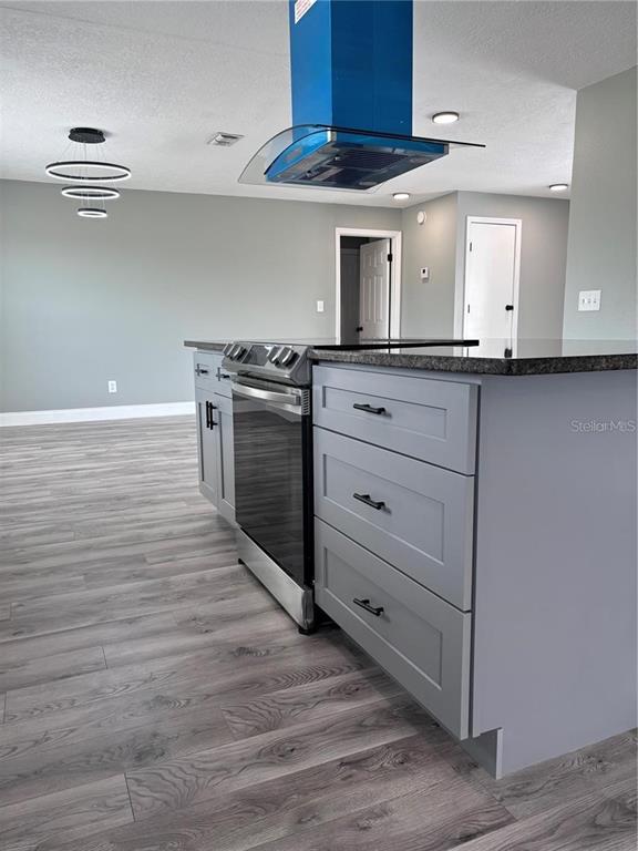 A kitchen island with a stainless steel stove and gray cabinets sits on wood-look flooring — 134 PANSY COURT, KISSIMMEE, FL