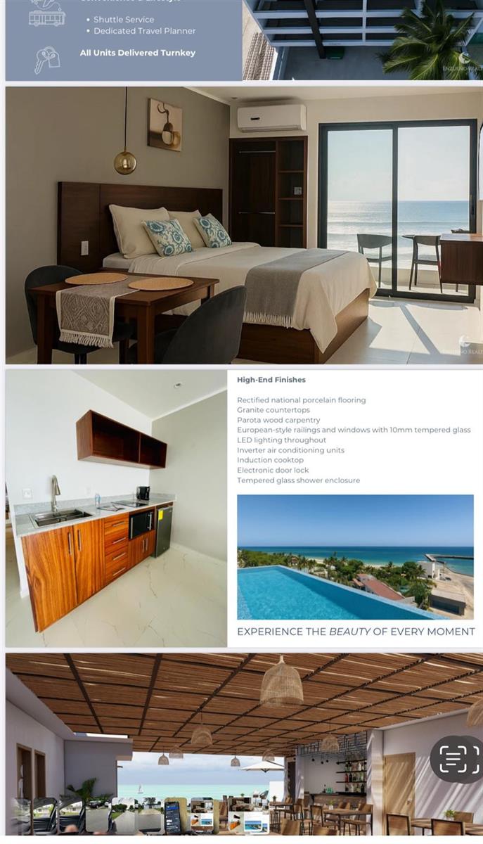 This composite image shows a bedroom, a kitchen, a pool, and a patio with ocean views — 14 Rafael Megar # 203, FL, FL