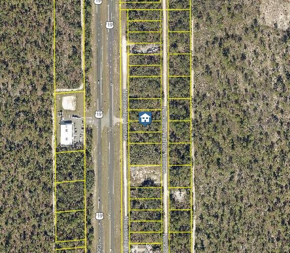 This is an aerial map view showing a residential lot highlighted among surrounding wooded land — LOT 15 NICASIO JAY AVENUE, WEEKI WACHEE, FL