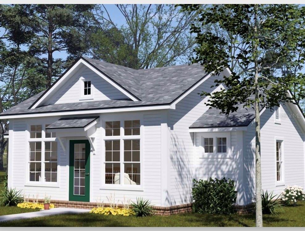 A rendering of a white, single-story cottage with a green door and a gabled roof — 1217 ECSTASY STREET E, LEHIGH ACRES, FL