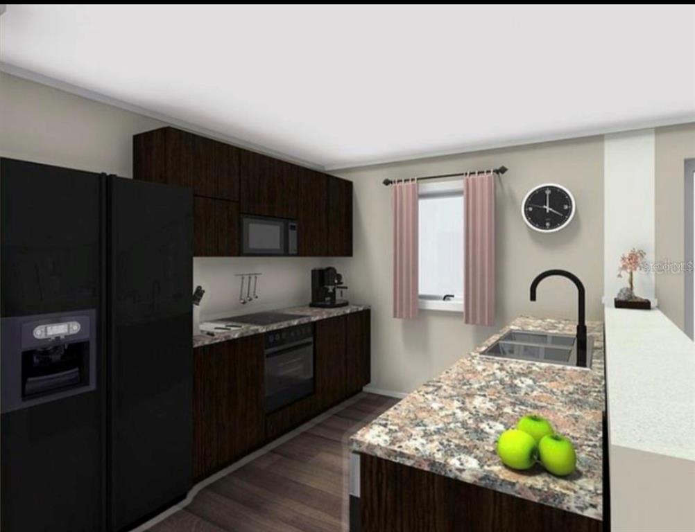 This is a digital rendering of a kitchen featuring dark wood cabinets and granite countertops — 1217 ECSTASY STREET E, LEHIGH ACRES, FL