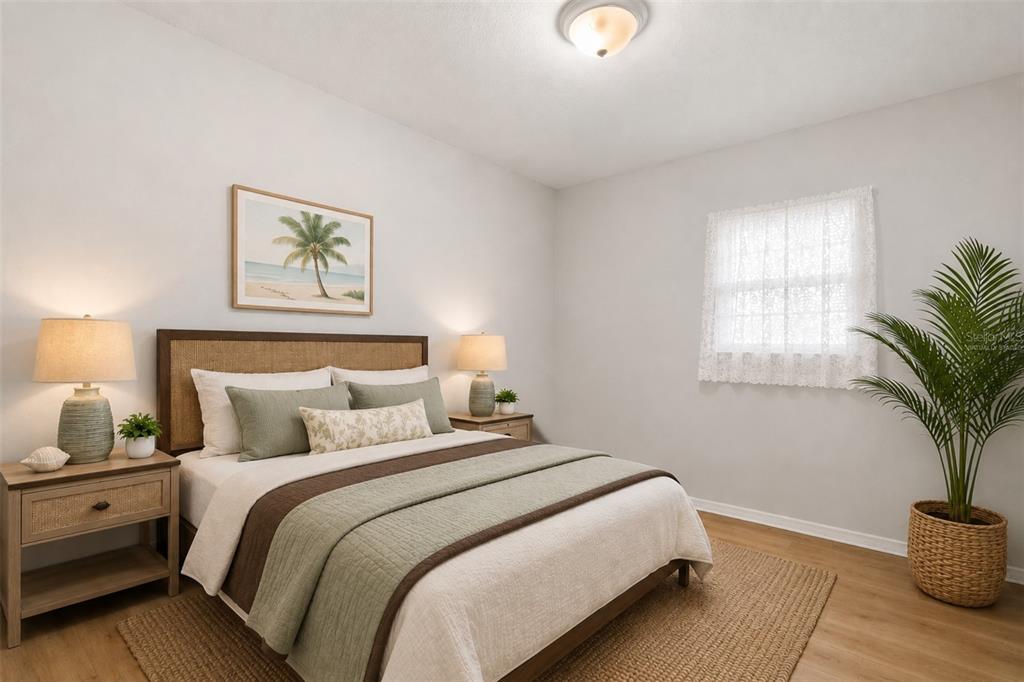 A bedroom features a bed with green bedding, two nightstands with lamps, and a potted plant — 3469 JANET STREET, APOPKA, FL