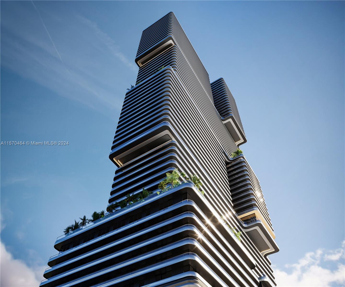 This is a digital architectural rendering of a modern high-rise building with tiered balconies — 1133 SW 2nd Ave # 5610, Miami FL 33130, MIAMI, FL