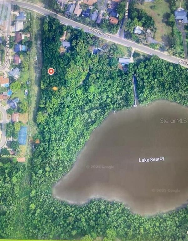 This is an aerial map view of a wooded lot bordering Lake Searcy — 700 WEST CHURCH AVENUE, LONGWOOD, FL