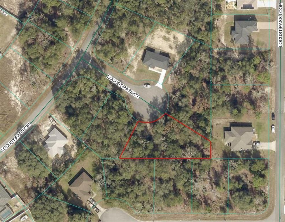 This is an aerial map showing a vacant residential lot outlined in red — TBD LOT 35 LOCUST PASS COURT, OCALA, FL
