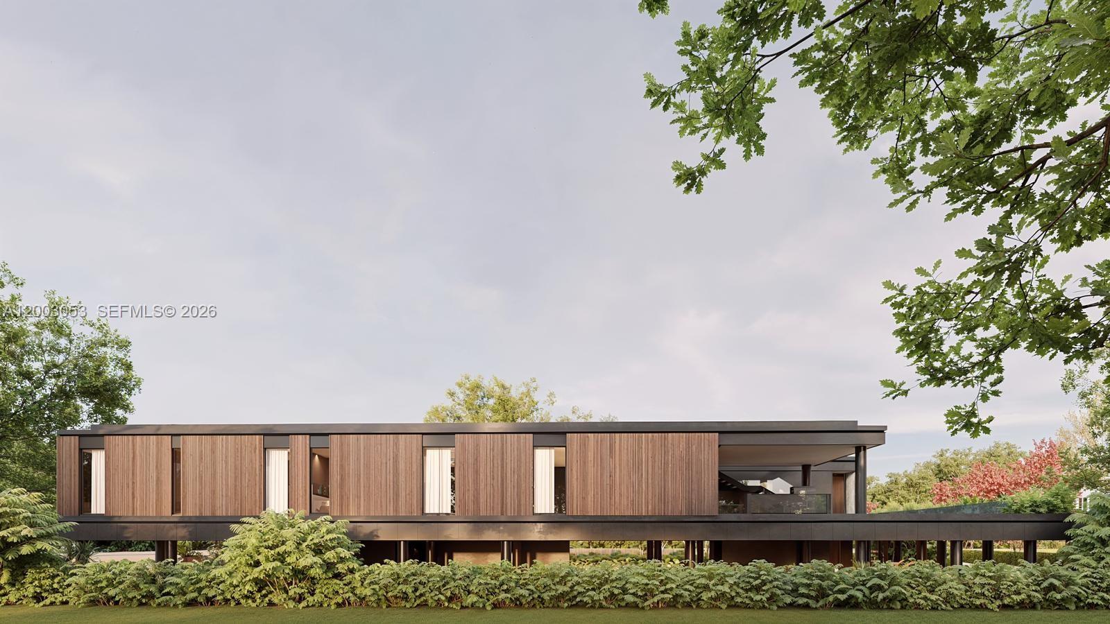 A rendering of a modern, elevated house featuring wood-paneled siding and a flat roof — 1110 NE 84th St, Miami FL 33138, MIAMI, FL