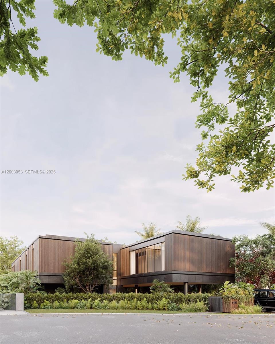 This is a rendering of a modern two-story house with wood siding and dark trim — 1110 NE 84th St, Miami FL 33138, MIAMI, FL
