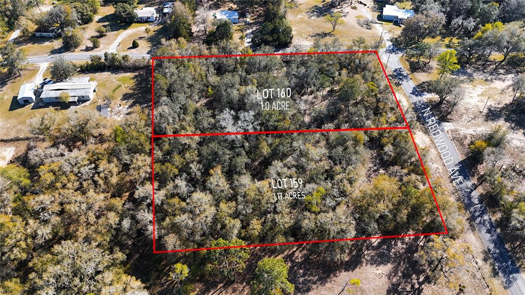 An aerial view shows two adjacent wooded lots marked as 160 and 159 — 4771 N REDWOOD AVENUE, HERNANDO, FL