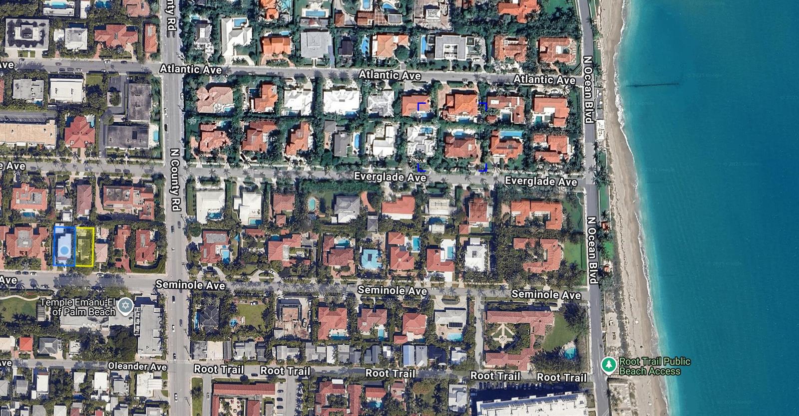 This is an aerial map view of a residential neighborhood in Palm Beach, Florida — 219 Seminole Avenue, Palm Beach FL 33480, PALM BEACH, FL