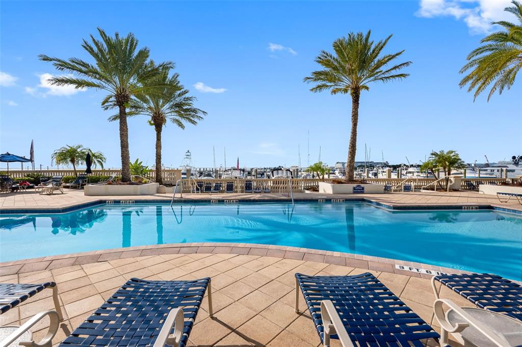 A swimming pool with lounge chairs overlooks a marina filled with boats under a blue sky — 6031 BOWEN DANIEL DRIVE UNIT 105, TAMPA, FL