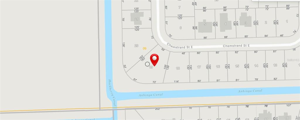 This is a map showing a residential lot highlighted with a red pin — 608 CHEMSTRAND STREET E, LEHIGH ACRES, FL