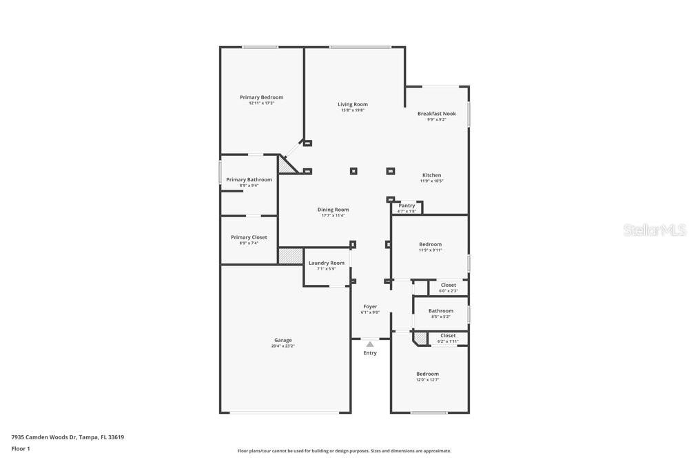 This is a floor plan showing the layout of a single-story residential home — 7935 CAMDEN WOODS DRIVE, TAMPA, FL