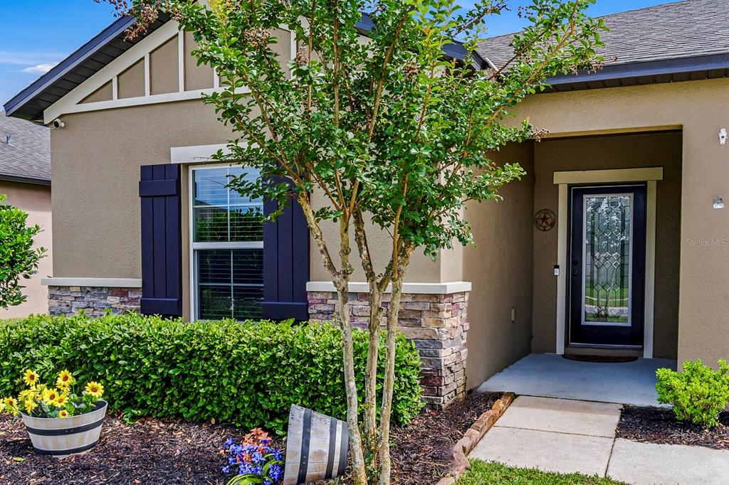 A tan house exterior features a stone base, dark blue shutters, and a front door — 18738 ALFARO LOOP, SPRING HILL, FL