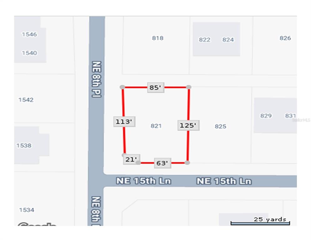 This is a map showing the property boundaries and dimensions of a land parcel — 821 NE 15TH LANE, CAPE CORAL, FL