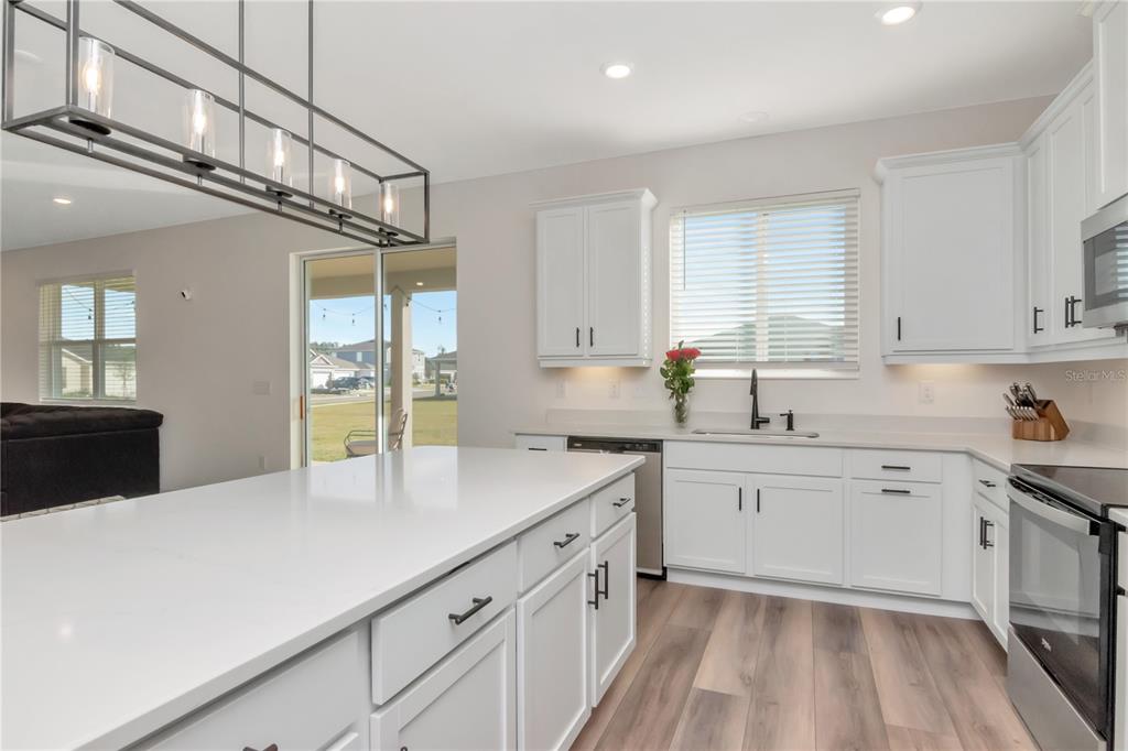 A modern kitchen features white cabinetry, a large quartz island, and wood-look flooring — 6384 BURNING OPAL BEND, LAND O LAKES, FL