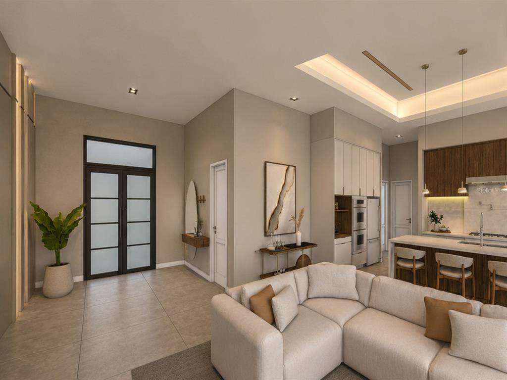 This is a rendering of an open-concept living room and kitchen with neutral-toned furniture — 15348 RED HEAD AVENUE, PORT CHARLOTTE, FL