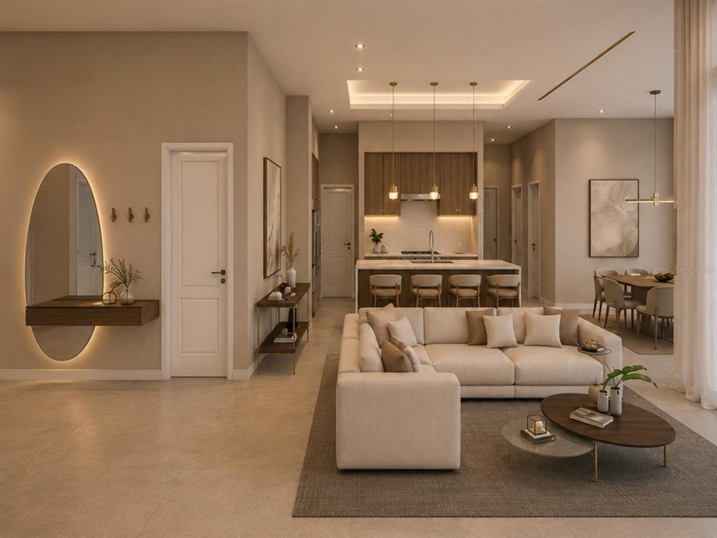 This is a rendering of an open-concept living room, dining area, and kitchen with neutral tones — 15348 RED HEAD AVENUE, PORT CHARLOTTE, FL