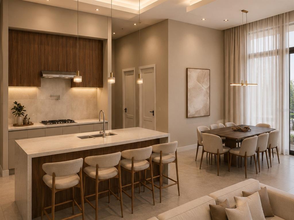 A modern kitchen and dining area featuring a stone island, wooden cabinetry, and neutral furniture — 15348 RED HEAD AVENUE, PORT CHARLOTTE, FL