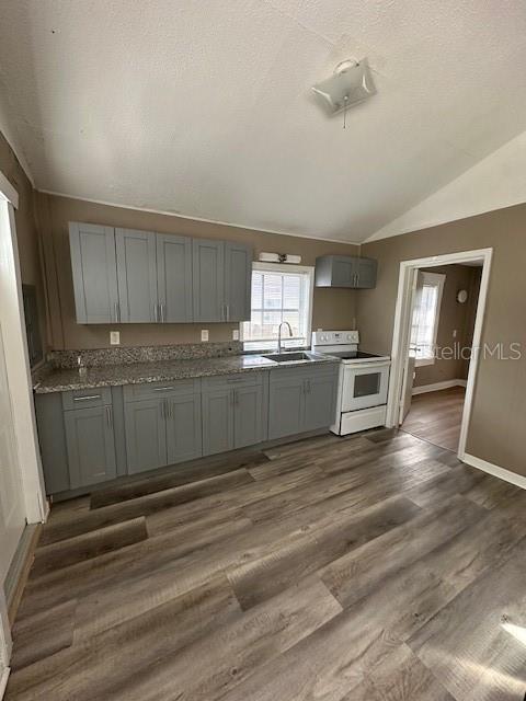 A kitchen features gray cabinets, granite countertops, and wood-look flooring — 1587 SCRANTON AVENUE UNIT B, CLEARWATER, FL