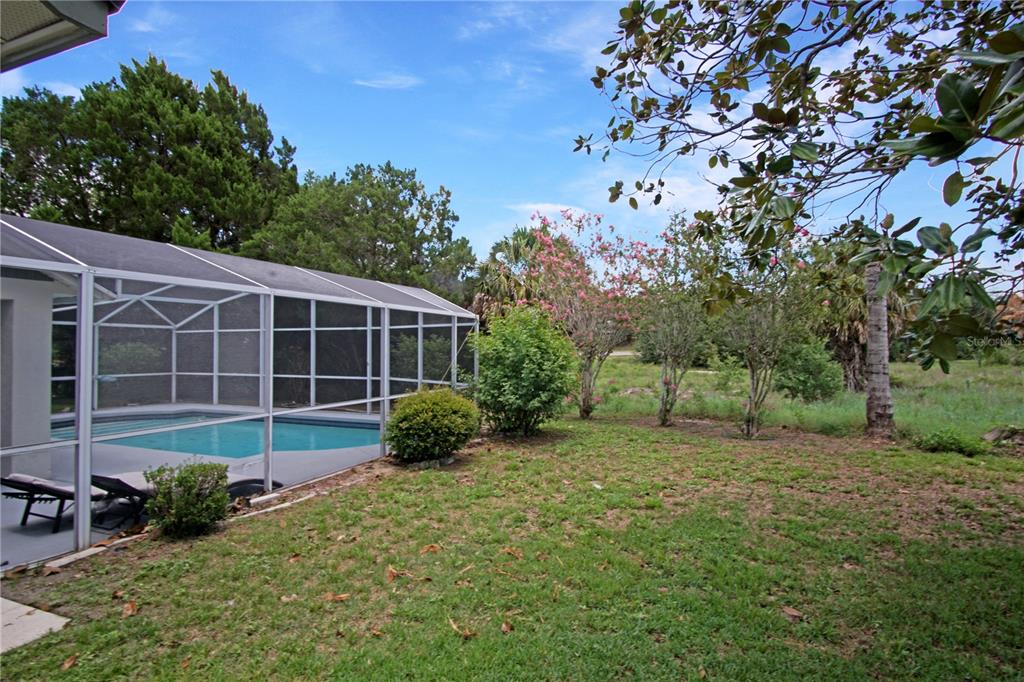 A screened-in swimming pool sits beside a grassy backyard with trees and shrubs — 928 LOMA BONITA DRIVE, DAVENPORT, FL