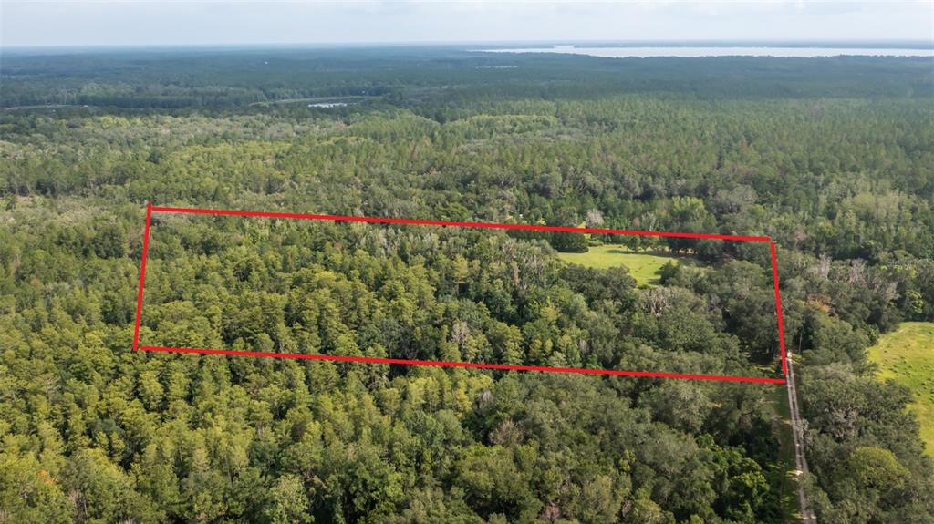 An aerial view shows a rectangular plot of land outlined in red amidst dense forest — 22304 NE 35TH AVENUE, MELROSE, FL