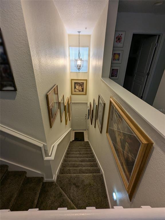 A carpeted staircase leads down to a front door, flanked by walls decorated with framed art — 1212 ROMANI AVENUE, DAVENPORT, FL