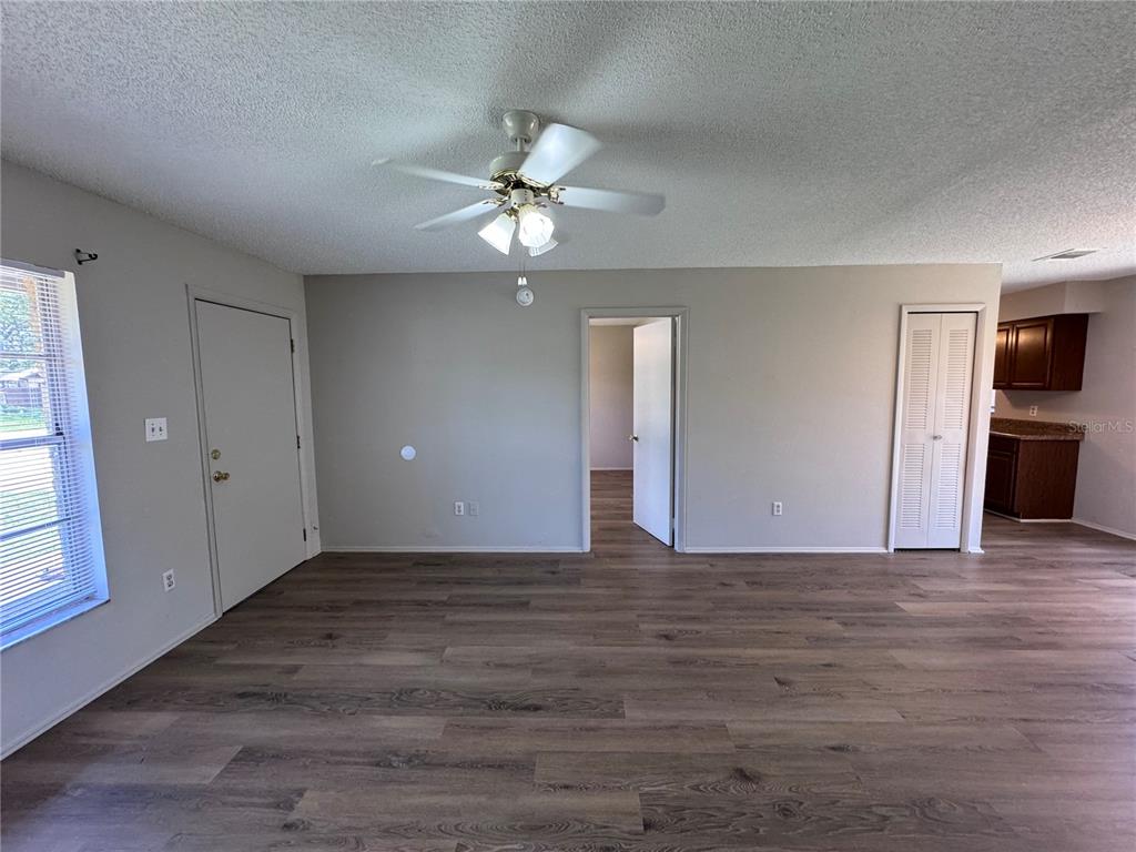 An empty room features light gray walls, wood-look flooring, a ceiling fan, and two doors — 321 NOTHERN DURANGO AVENUE, OCOEE, FL
