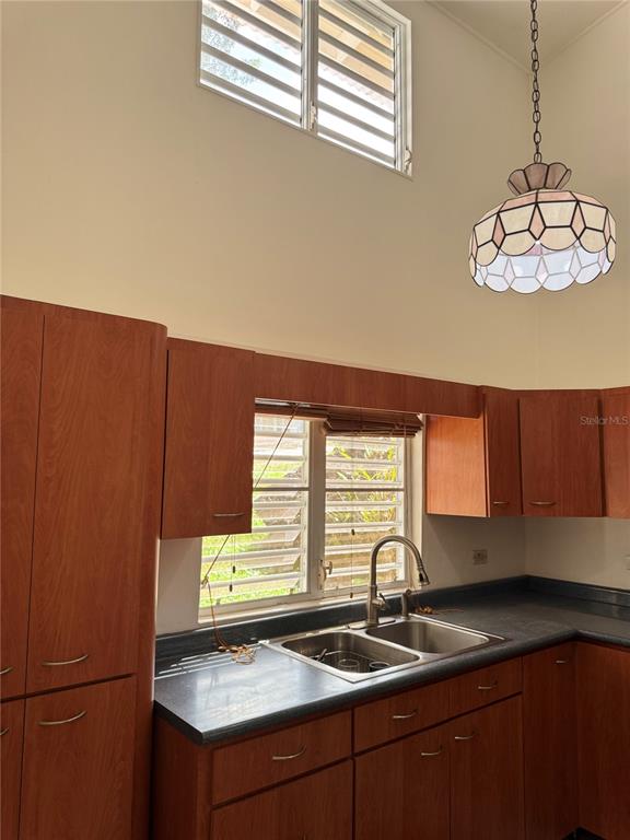 A kitchen features wood cabinets, a double sink, and a stained-glass pendant light — 17 G23 COLINAS DEL YUNQUE, RIO GRANDE, PR