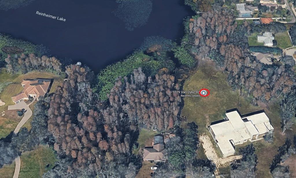 An aerial view shows a large property with a lake, wooded areas, and two houses — 1029 VAN DYKE ROAD, LUTZ, FL