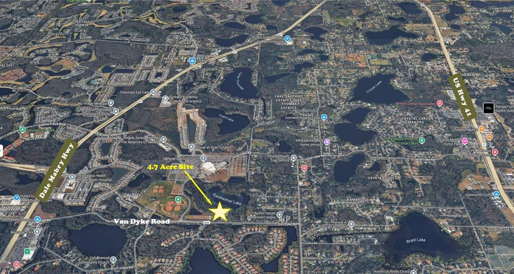 An aerial map shows a 4.7-acre site marked with a star near Van Dyke Road — 1029 VAN DYKE ROAD, LUTZ, FL
