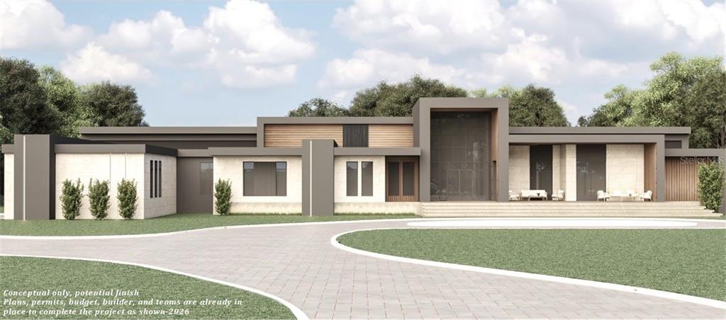 A digital rendering of a modern, single-story house with a flat roof and stone facade — 1029 VAN DYKE ROAD, LUTZ, FL