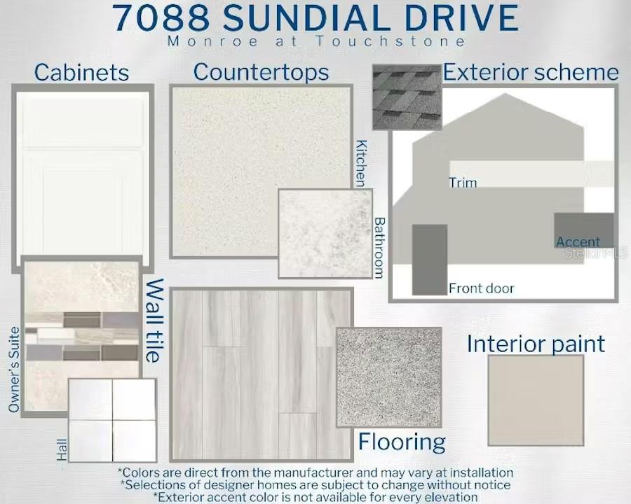 This design board displays material and color samples for a home's interior and exterior finishes — 7088 SUNDIAL DRIVE, LAKELAND, FL