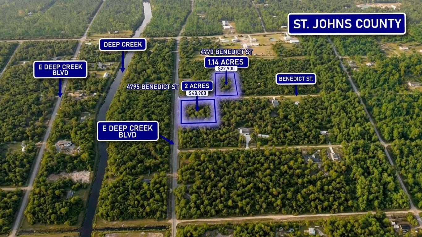 This aerial map shows two wooded land parcels for sale in a rural area — 4770 Benedict Street, FL 32145, FL