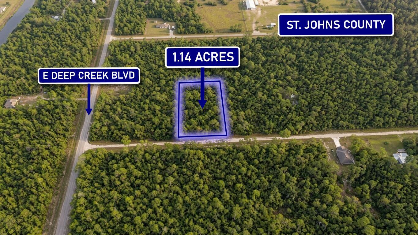 An aerial view shows a rectangular 1.14-acre wooded lot located near a road — 4770 Benedict Street, FL 32145, FL