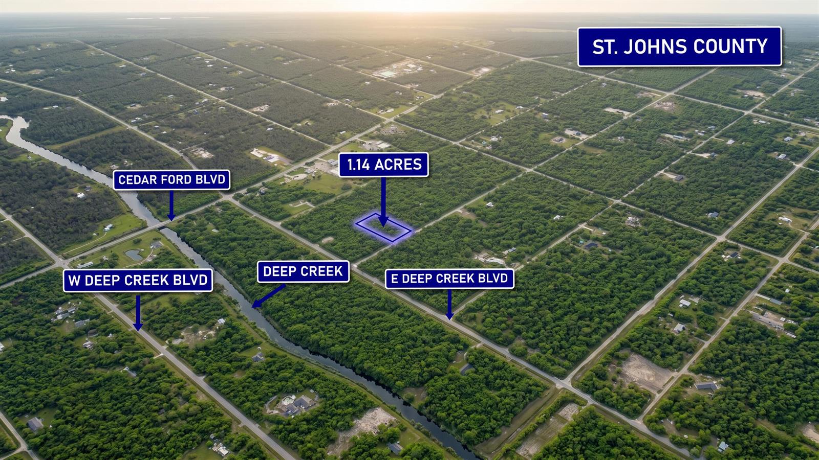 This aerial view shows a highlighted 1.14-acre plot of land in a wooded area — 4770 Benedict Street, FL 32145, FL