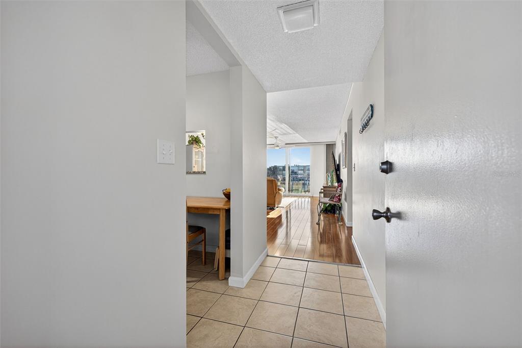 An entryway with tile flooring leads into a living area with wood floors and balcony — 7625 SUN ISLAND DRIVE S UNIT 207, SOUTH PASADENA, FL
