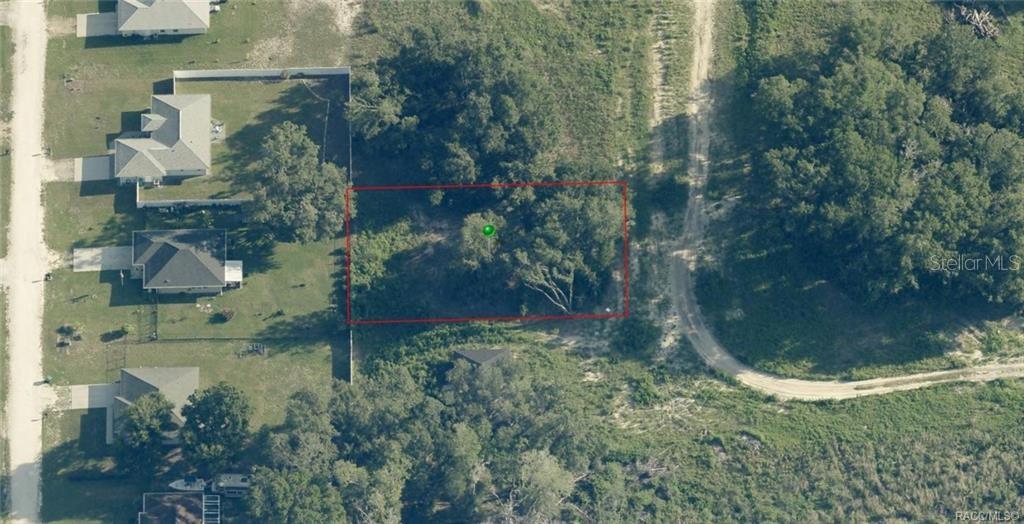 An aerial view shows a rectangular vacant lot outlined in red amidst wooded surroundings — 48 N BUCHANNON TERRACE, INVERNESS, FL