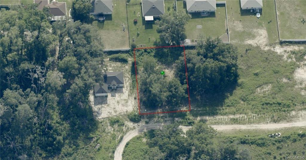 This aerial view shows a rectangular, wooded vacant lot outlined in red — 48 N BUCHANNON TERRACE, INVERNESS, FL